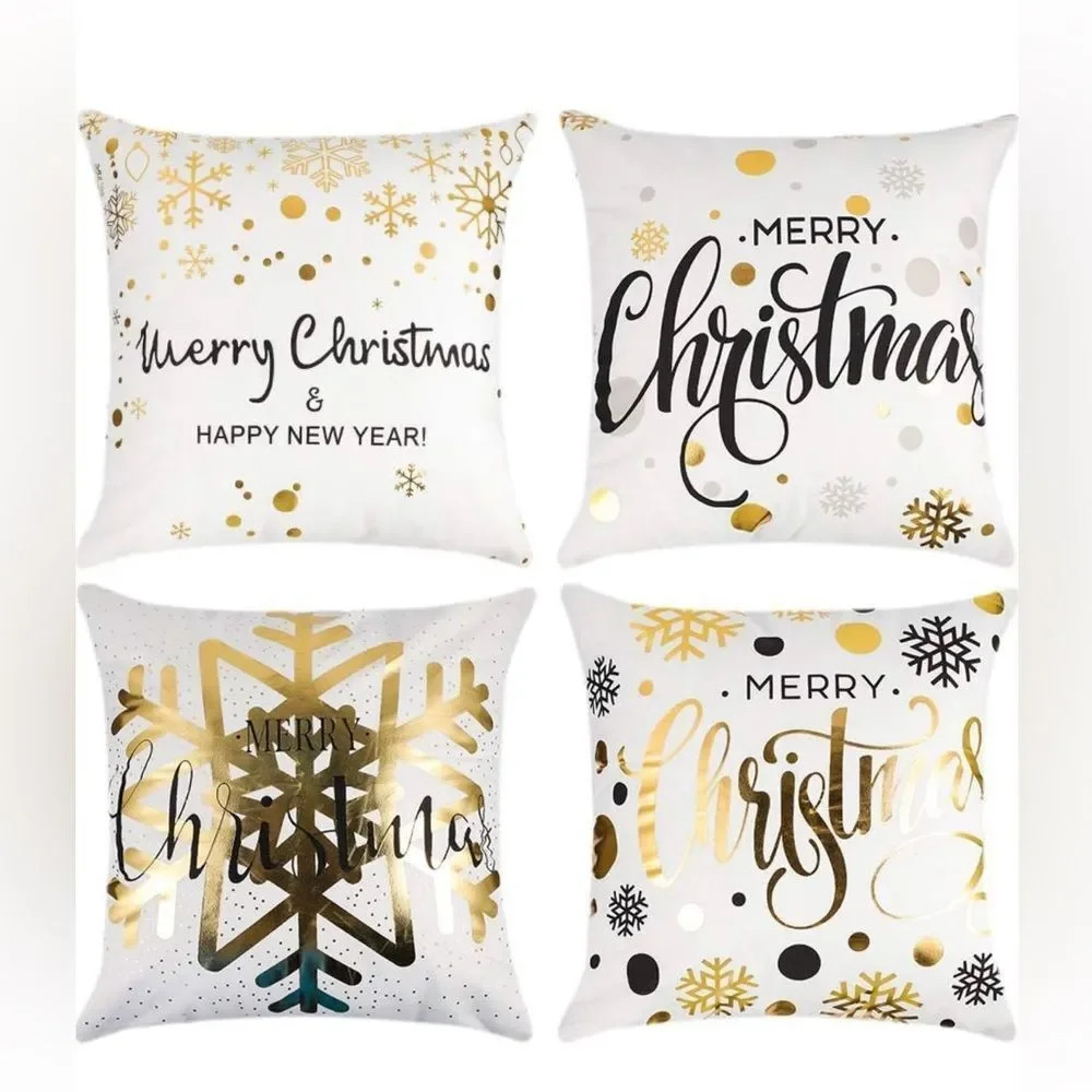 Set 4 White gold/silver‎ Christmas New Year's pillow covers